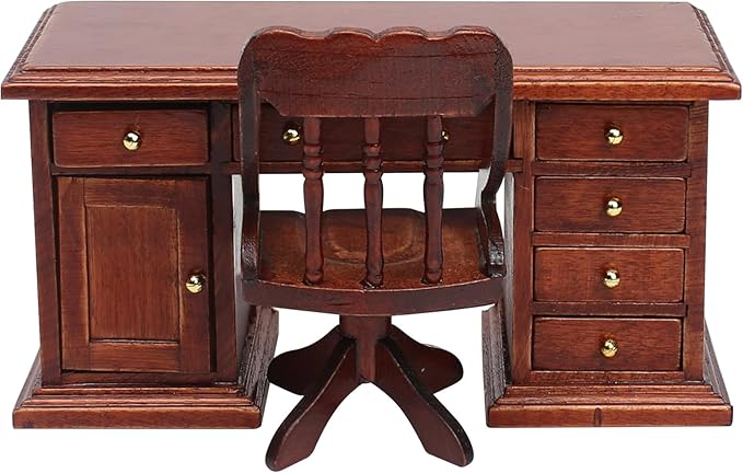 1/12 Scale Wooden Dollhouse Desk and Chair Set, Miniature Office Furniture, Computer Table Accessory, Retro Writing Simulation Pretend Play Doll House Accessories for Photo Props Classroom Scene