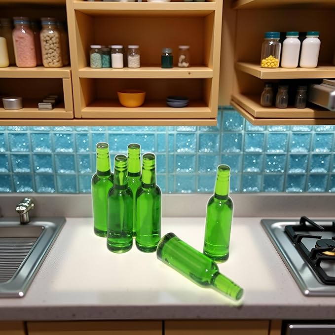 6Pcs Mini Beer Drinks Miniature Dollhouse Beer Glass Model Doll Drinks Kitchen Wine Bottles Toy Accessories,Dollhouse Miniature Beer Bottle Dining Drinks Doll House Decorations, Green