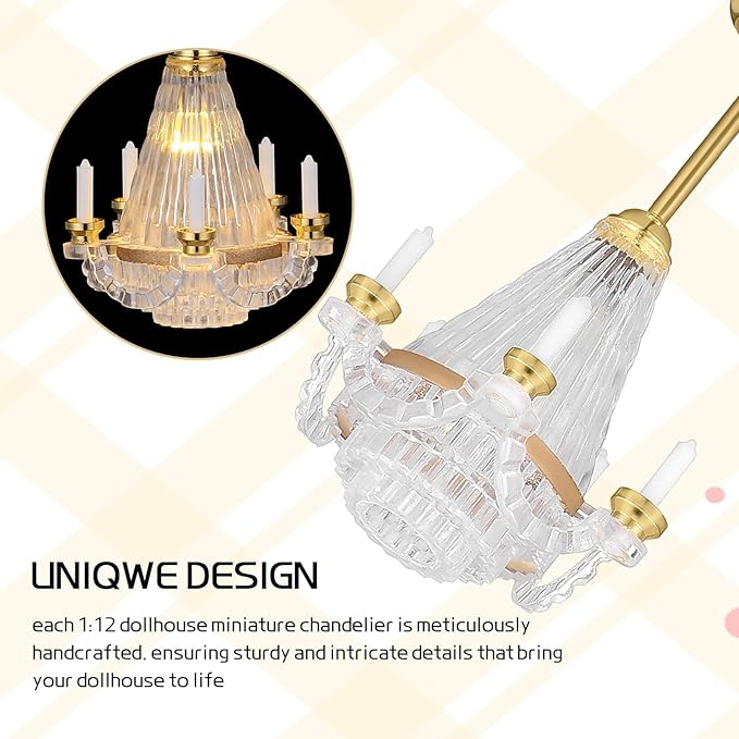 1:12 Scale Dollhouse Miniature Led Chandelier - Crystal-Style Gold Accent Light Fixture for Dollhouse Living Room Decor