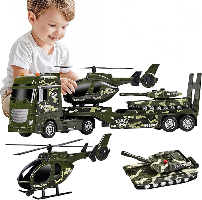 25.6" Green Military Big Truck Toys, Big Truck Toy with Tank and Helicopter,Army Toys with Sounds & Lights, Great Gift for 3+Years Old Boys and Girls