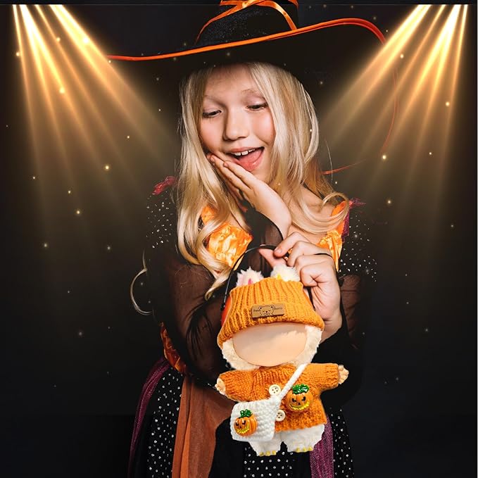 Clothes for LABUBU Doll (NO Doll), 3-Piece Handcrafted Crochet Accessories for LABUBU 17cm Dolls, Premium Fashion Outfit for LABUBU Dress Up - Pumpkin Sweater + Hat + Bag