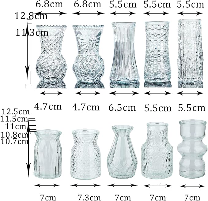 Glass Bud Vase Set of 10: Eylkoi Clear Vases for Centerpieces Decorative, Vintage Embossed in Bulk Crystal Textured Cute, Wedding Decor Mini Flower Floral Vase for Rustic Wedding, Home Table, Party
