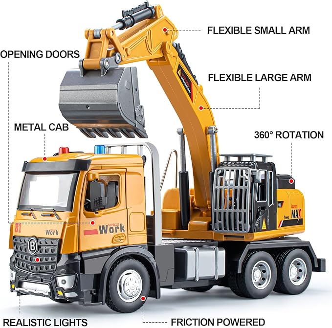 Excavator Toy Metal Cab, Big Digger Toys for Boys with Lights Sounds and Working Movable Parts, Friction Powered Construction Vehicles for Kids (Excavator)