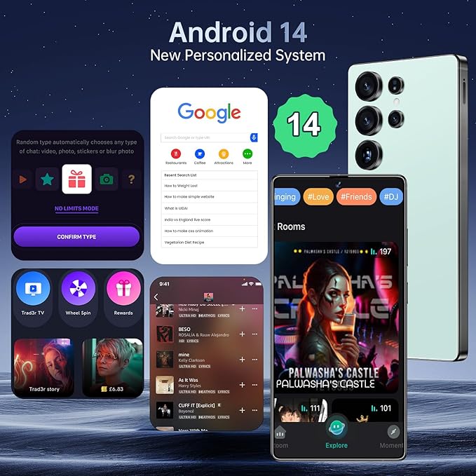 BDWJW I25 Ultra Smartphone 16GB+512GB Android 14 Smartphone, 6.99" FHD+ Display, 7000mAh Battery, 108MP+68MP Dual Camera, Built-in Pen Stylus, Fast Performance Large Memory (Cyan)