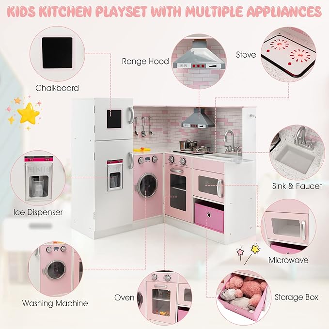 Costzon Kids Corner Play Kitchen, Wooden Pretend Play Kitchen w/Realistic Light & Sound, Washing Machine, Microwave, Ice Maker, Oven & Stove, Little Chef Pretend Toy Kitchen for Boys & Girls
