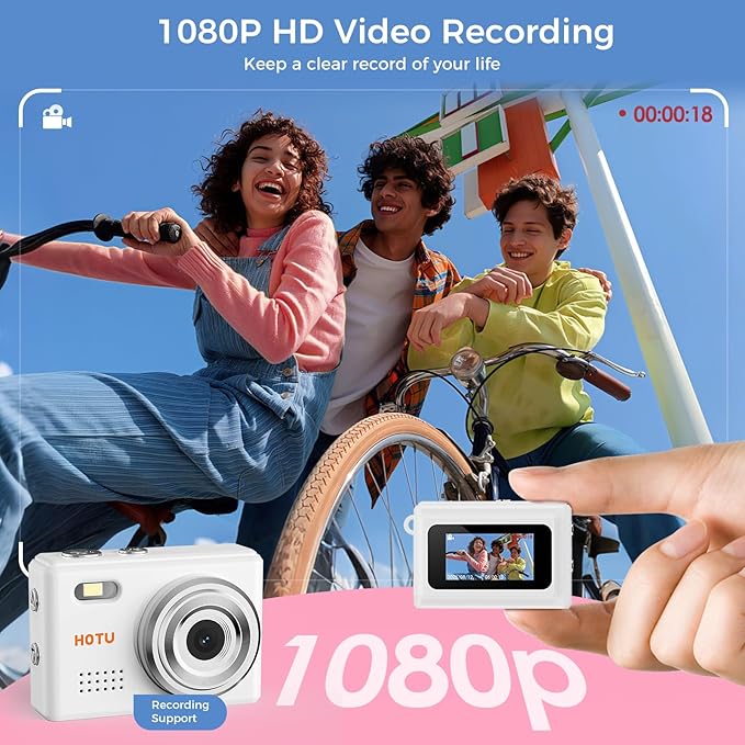 HOTU Mini Keychain Camera, Y2K Portable Mini Digital Camera, 2MP 1080P Video Recording Small Camera with 32GB Card for Kids, Long Battery Life for Travel, Vlog, White