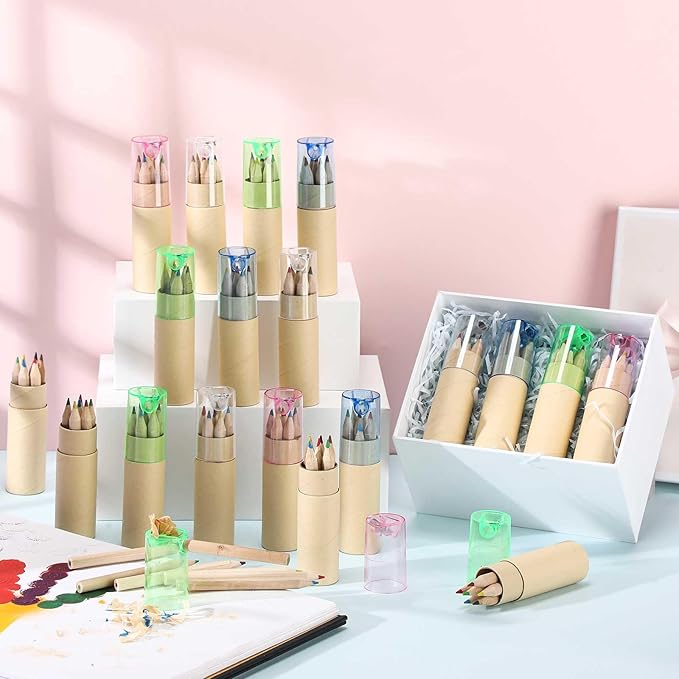 Kosiz 24 Pack Mini Colored Pencils with Sharpener Bulk Valentines Gifts Bulk 3.5" Drawing Portable Handheld Coloring Pencils in Tube for Artists Writing Sketching(6 Colors)
