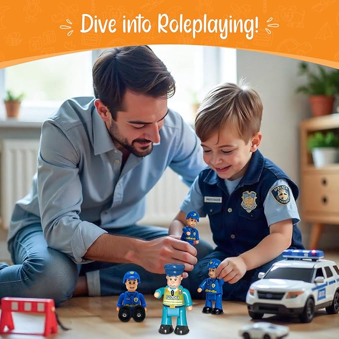 FUNERICA Police Figurines Set – 4-Pack Police Officer Toys for Kids with 3 Policemen and 1 Police Chief, Toy Police Figures and Action Figurines for Boys, Durable Imaginative Play Set