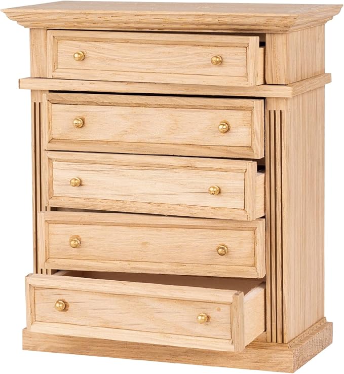 Waldosia 1:12 Scale Dollhouse Miniature Oak Dresser – 5-Drawer Wooden Chest for Bedroom, Roombox, Booknooks and Dioramas Furniture