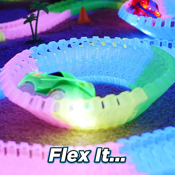 Ontel Magic Tracks 10 Foot Glow In The Dark Bendable Flexible Racetrack with LED Light-Up Race Car, Educational Playset Birthday Gift for Ages 3+