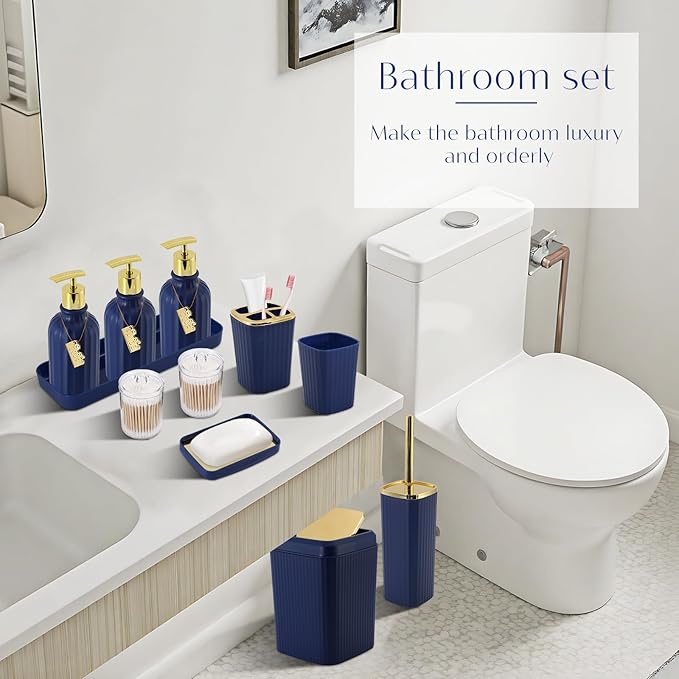 WSBArt 17PCS Bathroom Accessory Set Bathroom Set Navy Blue Bathroom Accessories,Toilet Brush, Trash Can, Qtip Holder Dispenser& 3PCS Soap Dispenser