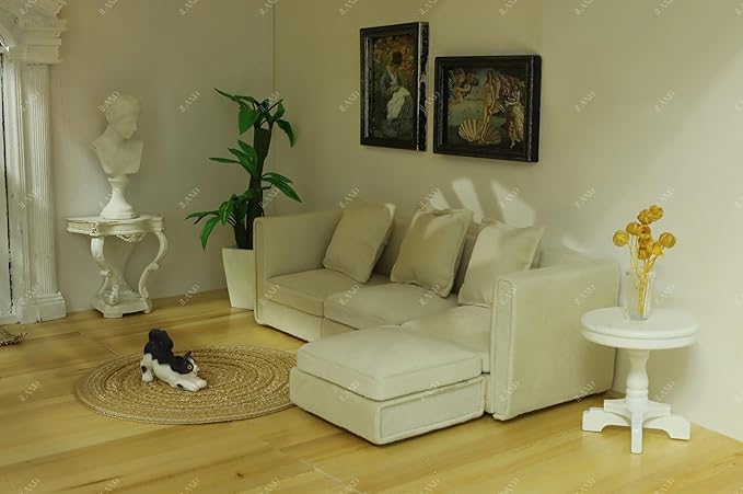 iLAND Dollhouse Furniture Miniature Sectional Couch Set Fit 1/12 Scale Accessories for Doll House Décor and 3 to 6 inches Doll Figure, Modern White Velvet Sofa Elegant & Classic
