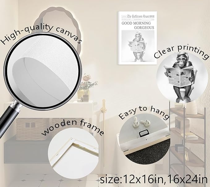 Funny Gorilla Bathroom Canvas Wall Art Black White Gorilla Reading Newspapers Painting Picture Wall Decor Humorous Bathroom Animals Poster Print Artwork for Toilet Home Decoration 12x16in