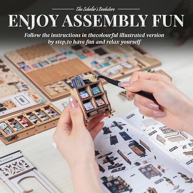 Cutefun Book Nook Kit - DIY Miniature Dollhouse Kit 3D Creative Decorative Bookend 3D Wooden Puzzle for Adults, Bookshelf Insert Library Decor with LED Light (The Scholar's Bookstore)
