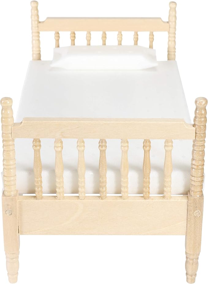 Dollhouse Furniture Small Bed Toy Set, Pillow, Realistic Bedroom Accessories for 6 inch Dolls, Wood Frame, 1/12 Scale