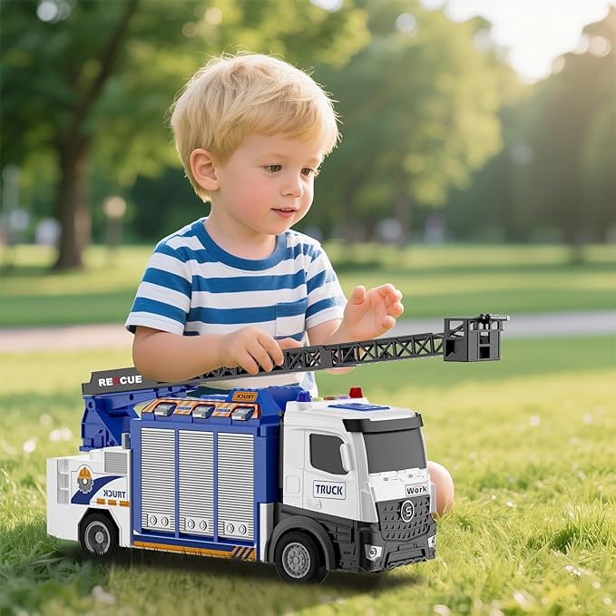 3-in-1 Large Fire Truck Toy with Garage & 6 Cars, Water Pump, Extendable Ladder, Lights & Siren Sounds, Fire Rescue Truck Vehicle Toy for Boys Girls 3+, Christmas Birthday Gift