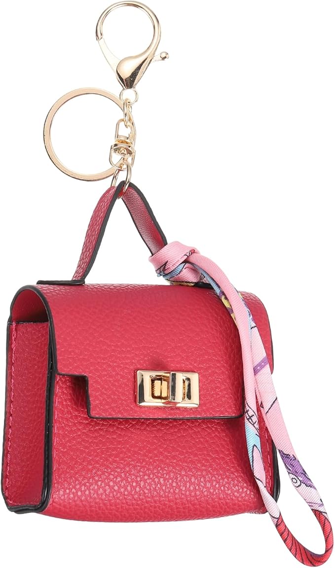 PATIKIL Mini Backpack Keychain, Cute Coin Purse Keychain PU Leather Backpack Purse Key Chain Little Earbud Bag Keychains for Women Mini Card Data Cable Organizer, Rose Red