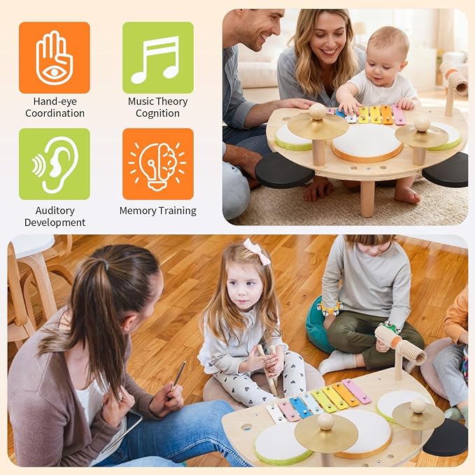 Kids Drum Set, Montessori Musical Instruments for Toddlers 1-3, Wooden Baby Musical Toys, Musical Activity Table Preschool Learning Xylophone Drum Kit, Christmas Birthday Gift for Boys Girls Ages 1-3