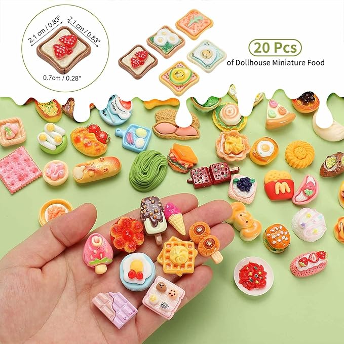 Dollhouse Miniature Food, Cute Mixed Fruit Toast Figures Toys Mini Resin Foods Trinkets for Pretend Play Kitchen Cooking Game & Doll House Decor (Mixing Colors, 20pcs)