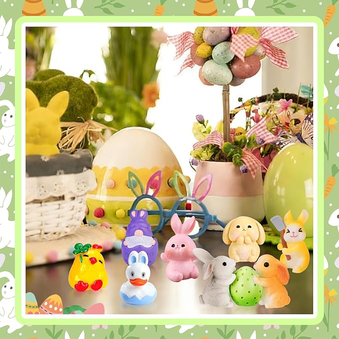 60Pcs Easter Luminous Mini Resin Figurines Miniature Figurines Tiny Small Easter Glow in The Dark Little Bunnies Chicken for Dollhouse Eggs Fillers Landscape Micro Garden Decoration Party Favors