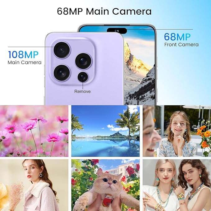 Huness I16PROMAX 16+1TB Smartphone Unlocked Cell Phone,6.99" HD Screen Unlocked Phones,Battery 7000mAh Android 14,Face ID/Fingerprint Button unlock/Photos/5G/Dual SIM/GPS (Purple, 16+1TB)