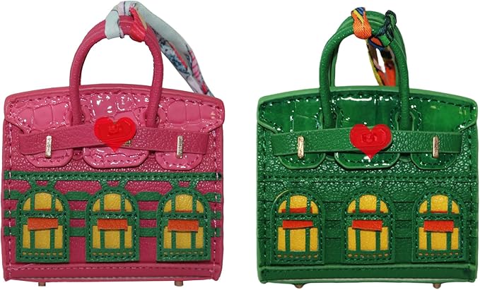 Buyborgood Women's 2 PCS Mini Tote Bag Charms Keychain Pouch Small Coin Purse Wallet (Rose Red + Green)