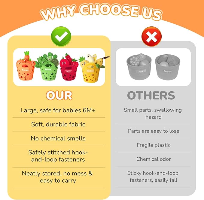 Baby Sensory Toys - Plush Color Sorting Fruit Veggie Baby Toys 6-12 Months, Pretend Play Food with Rattle Crinkle for Toddlers 1-3, Montessori Toys for 1 Year Old Boys Girls Birthday