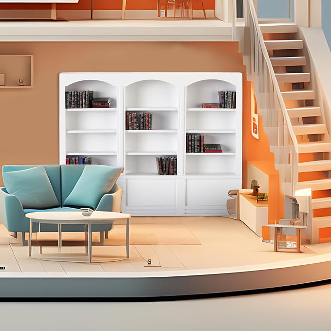 1:12 Scale Dollhouse Miniature Wooden Bookshelf with 48 Pcs Miniatures Books, Mini Bookcase Tiny Books for Dollhouse Mini Library Furniture Christmas Decoration Gift(White)