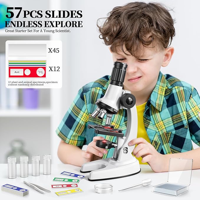 65 Pieces Microscope Kit for Kids Ages 5-7 8-13, 100X-1200X Magnification with 7 Colors of LED Lights and 12 Prepared Slides, Science Experiment STEM Kits for Boys and Girls Age 8-12 Years
