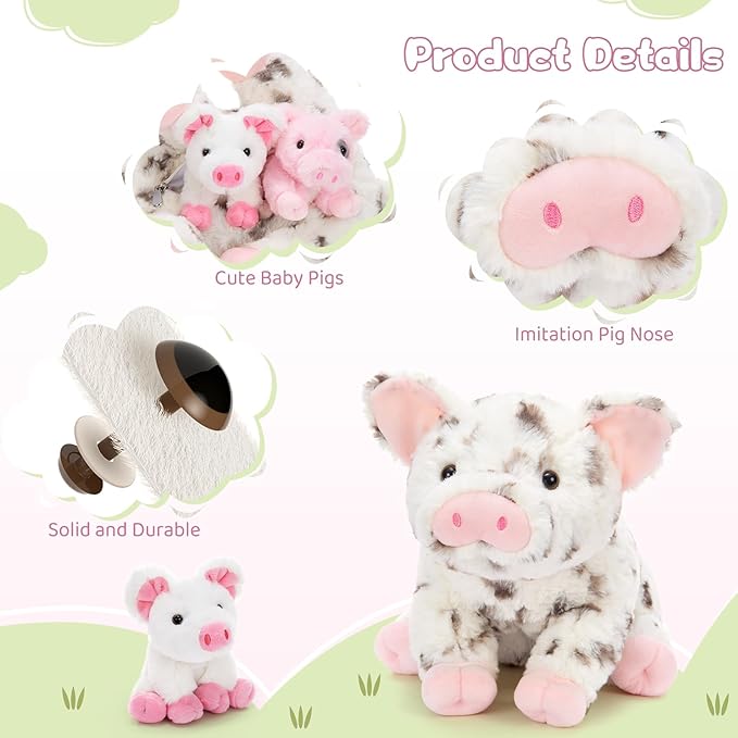 5Pcs Spotted Pig Stuffed Animal, 16“ Mommy Pig Plush with 4 Soft Cuddly Baby Pig Plushies in Mother Pig's Belly, Farm Animal Chirstmas Birthday Gift for Girls Boys Kids, Baby Shower Decor
