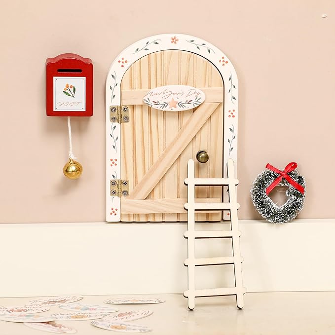 Mamimami Home Festival Wooden Little Magical Fairy Door, Elf Miniature Tiny Door with Ladder and Wreath, Tooth Fairy Door Handmade Christmas Decorations
