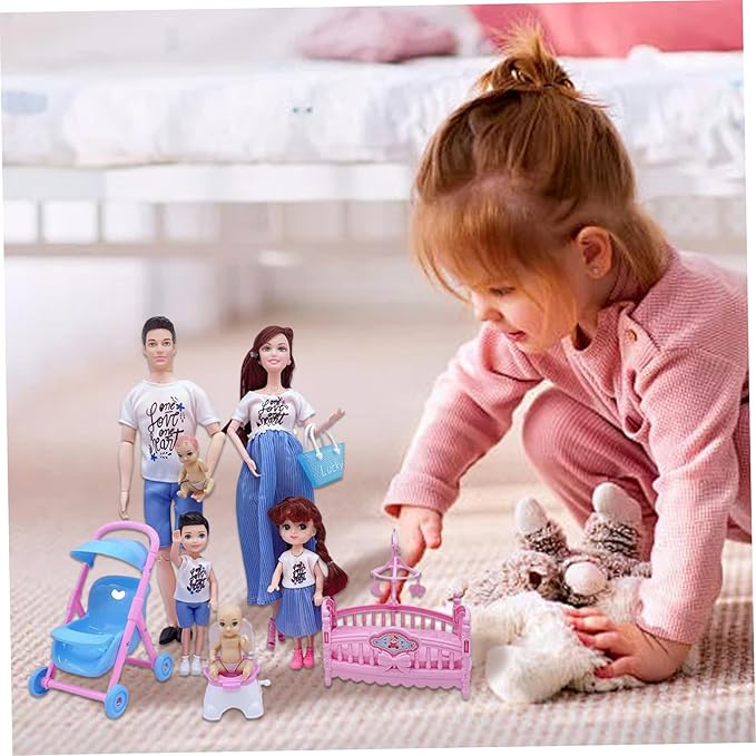 Family Doll Set, Safe Pregnant Doll Set with Dad & 3 Kids, 5 People with Dollhouse Accessories Pretend Play Toy for Kids|Dolls
