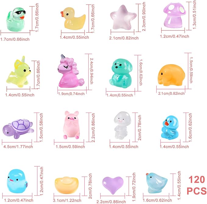 120 Pcs Luminous Mini Resin Animals Kit Accessories Variety Pack Glow Animal Figurines Resin Mini Garden Decor for Garden Micro Landscape Aquarium Potted Dollhouse Decor