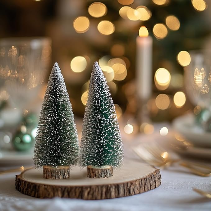 2pcs 12inch Mini Christmas Tree Bottle Brush Trees Chrismas Village Trees Ornaments Mini Plastic Christmas Trees with Wooden Base for Christmas Decoration Miniature Chrismas Tree