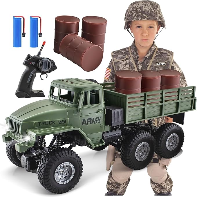 4WD Remote Control Military Truck for Kids 3-8,1:16 Off-Road All Terrain Rock Crawler with Lights, RC Army Transport Vehicle Toy with 2 Rechargeable Batteries, Birthday for Boys