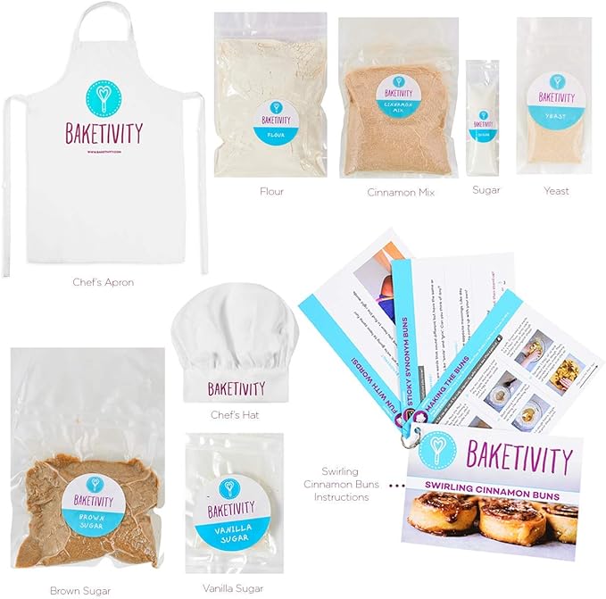 Baketivity Kids Baking DIY Activity Kit - Bake Delicious Cinnamon Buns with Pre-Measured Ingredients – Best Gift Idea for Boys and Girls Ages 6-12 – Includes Free Hat and Apron