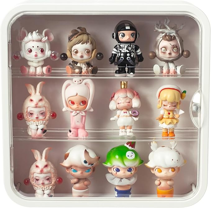 Clear Display Case for Figures, Wall Mounted Clear Display Box, 3 Tiers Adjustable Acrylic Display Box Stand with Magnetic Door for Mini Action Figures Pop Mart Collectibles, White