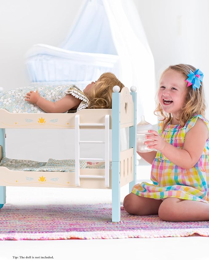 ROBUD Baby Doll Crib, Wooden Baby Doll Beds for 20 Inch Dolls, Blue Baby Doll Bunk Beds with Tulle, American Girl Doll Bed for Gifts, WRP10