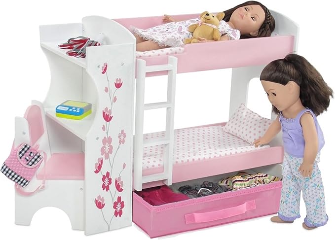 Emily Rose 18 Inch Doll Bunk Bed Set with Desk and Storage - Wooden Dollhouse Furniture with Bedding & Ladder - Compatible with American Girl, Our Generation, My Life As & Adora