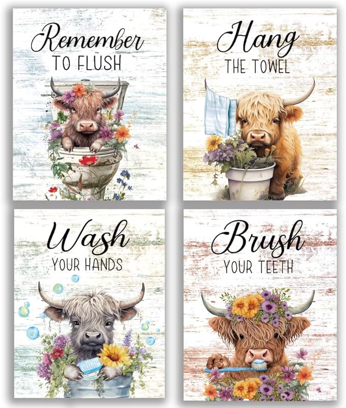 Highland Cow Wall Art Set of 4(8"x10") Unframed, Rustic Bathroom Decor Funny Signs for Toilet Decorations