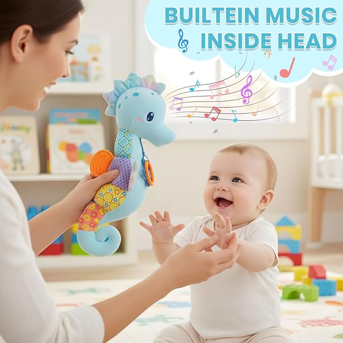 Baby Toys 0-6 Months,Infant Musical Seahorse Stuffed Animals Sensory Toys with Bright Colors,Multiple Textures,Rattles & Crinkle Sound Paper,Soft Tummy Time Toy for Newborn Boys Girls 0-12 Months-Blue