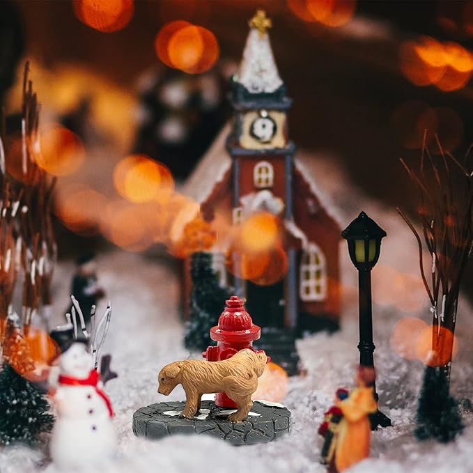 Christmas Village Accessories Santa's Dog with Fire Hydrant - Cute Puppy Sets Statue Resin Christmas Village Sets Ornaments for Snow Holiday Decoration