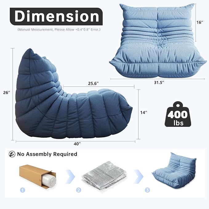 Memory Foam Bean Bag Chair for Adults, Teddy Material Beanbag Sofa with Filler, Cozy Floor Lounge Seat for Living Room, Bedroom, Dorm, Office