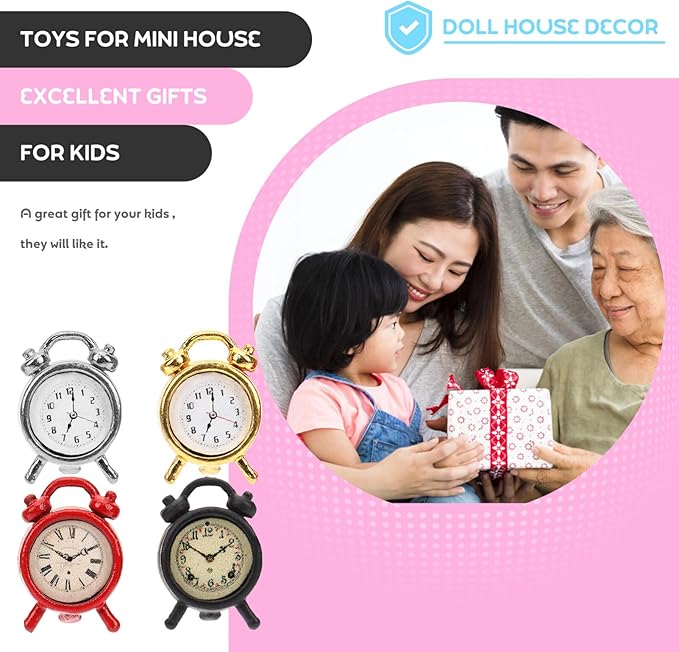 STOBOK 4Pcs Miniature Alarms Dollhouse Decoration Accessories, Cute Tiny Alarm Clocks Miniture House Clock for DIY Craft Minihouse Accessories 1:12 Scale Miniature Scene Dollhouse Ornaments
