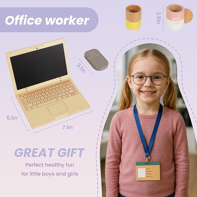 Wooden Pretend Play Home Office Set for Kids,10Pcs Office Playset with Wooden Toy Laptop & Phone,Toddlers Beverage Cup for Preschool Kid Ages 3+ Years