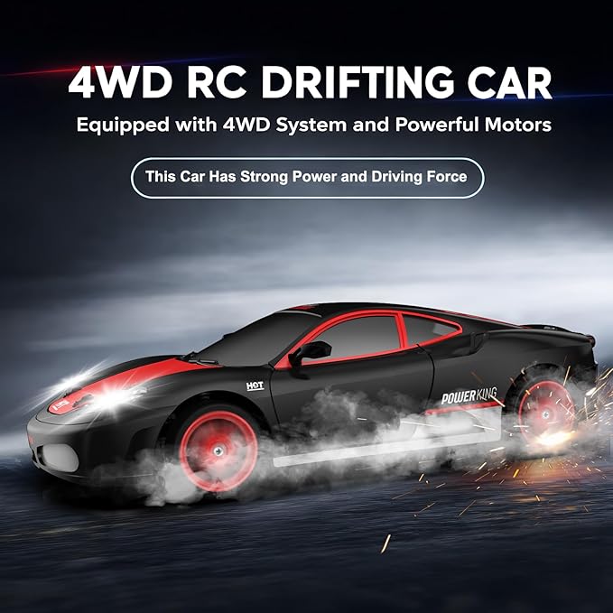 Remote Control Car RC Drift Car 2.4GHz 1:24 Scale 4WD 15KM/H High Speed Model Vehicle with LED Lights Drifting Tire Racing Sport Toy Car for Adults Boys Girls Kids Gift 2Pcs Rechargeable Batteries