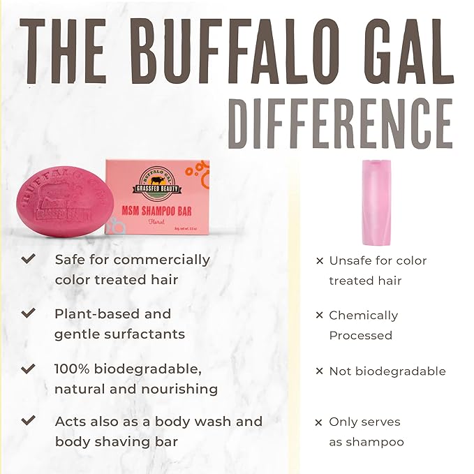 BUFFALO GAL MSM Shampoo Bar - Non-Soap, Natural, pH Balanced, Non-Stripping, Suitable for All Hair Types, Floral Scent, 4 oz