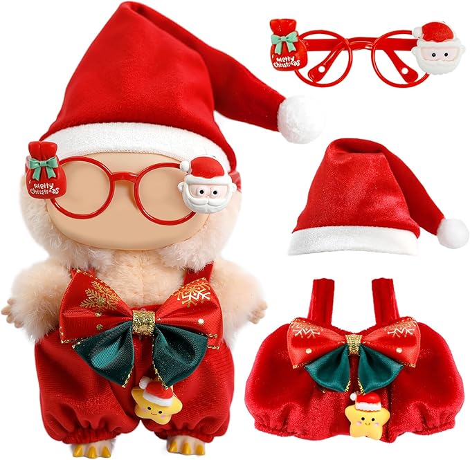 Christmas Clothes for LABUBU Doll (NO Doll), 3-Piece Christmas Overalls Outfits for LABUBU 17cm Dolls, Premium Clothing for LABUBU Unique Dress Up - Christmas Hat + Overalls + Glasses