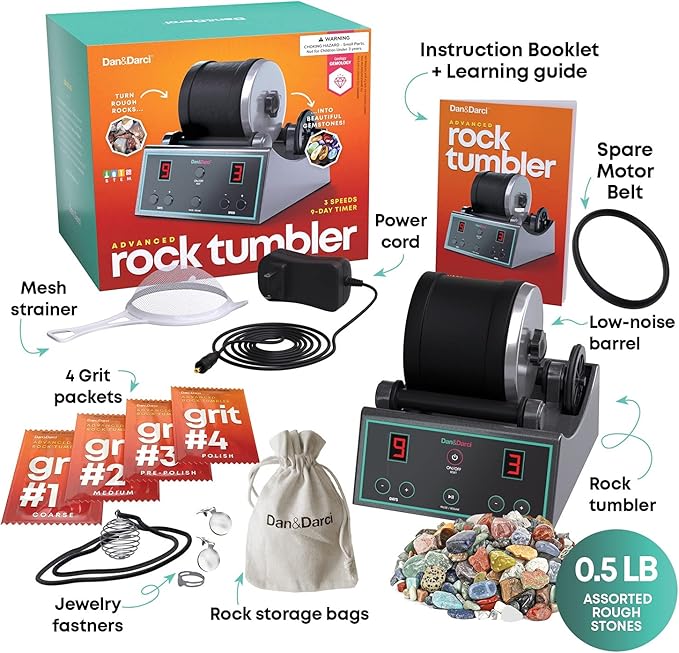 Dan&Darci Advanced Professional Rock Tumbler Kit - with Digital 9-Day Polishing Timer & 3 Speed Settings - Turn Rough Rocks into Beautiful Gems : Great Science & STEM Geology Toy for Kids All Ages