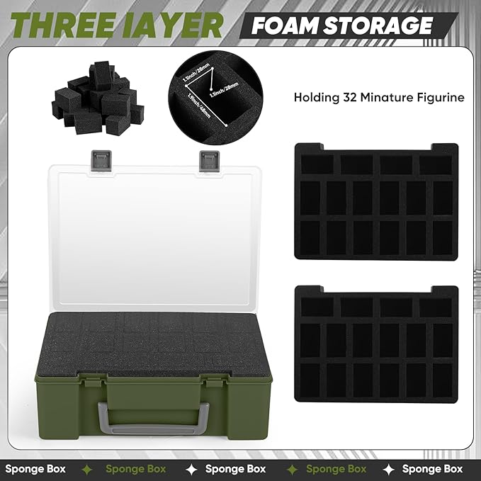 Miniature Storage Carrying Figure Case - 32 Slot Figurine Minature Carrying Case with 2 Foam Layer for Miniatures Compatible with 40k, DND & More (green1)